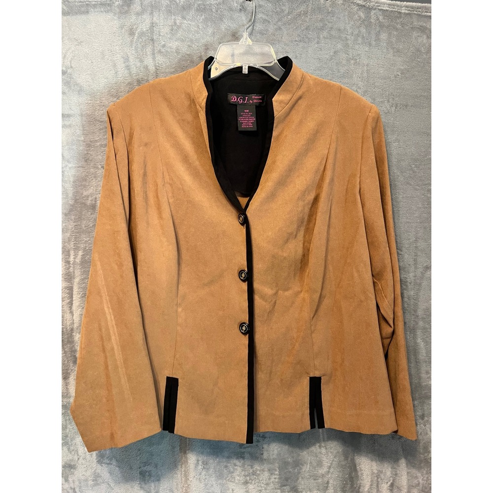 DGI Tan Faux Suede Blazer 18W Black Trim Button Front Jacket Women Chic